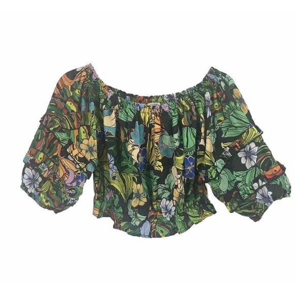 Rachel Zoe Off the Shoulder Puff Sleeve Bold Floral Cropped Blouse Sz Medium - Picture 1 of 5